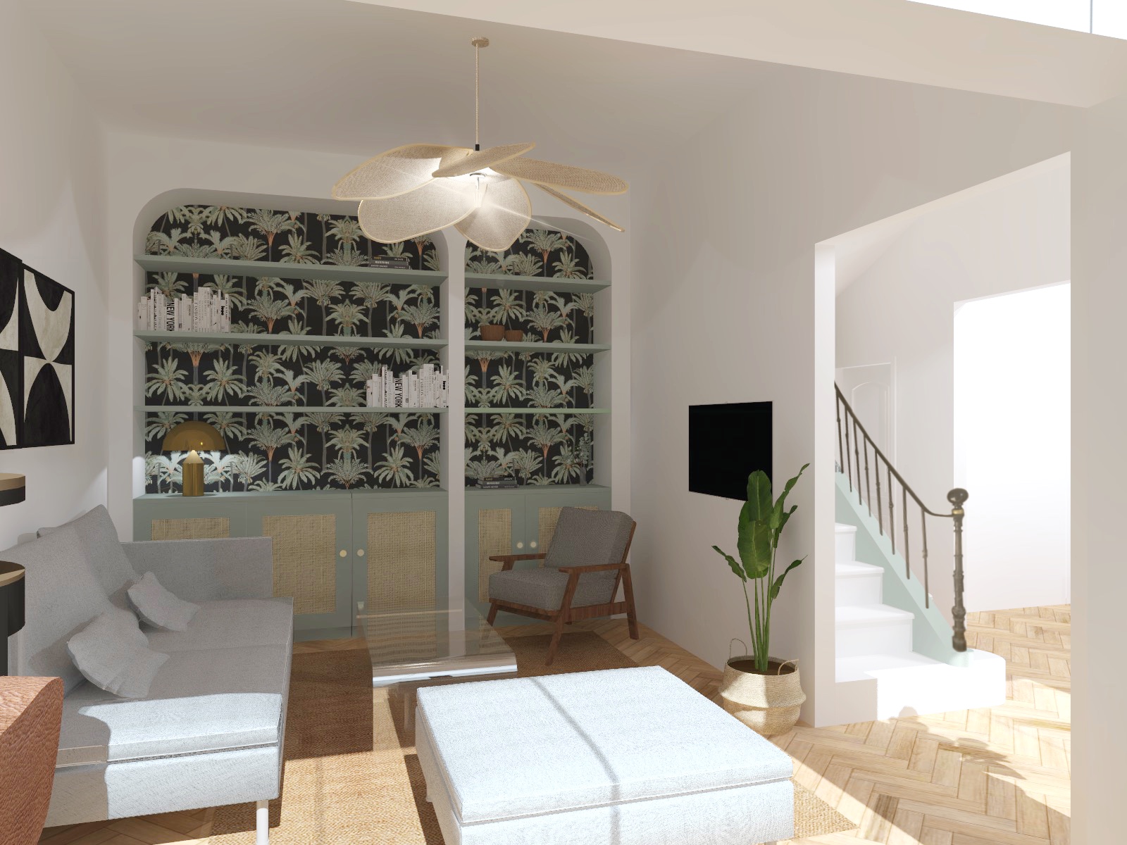vue 3D d'un salon vintage avec papier peint tropical
