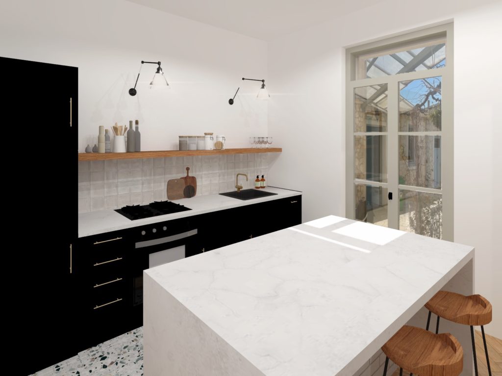 vue 3D d'une cuisine noire et plan de travail en marbre blanc