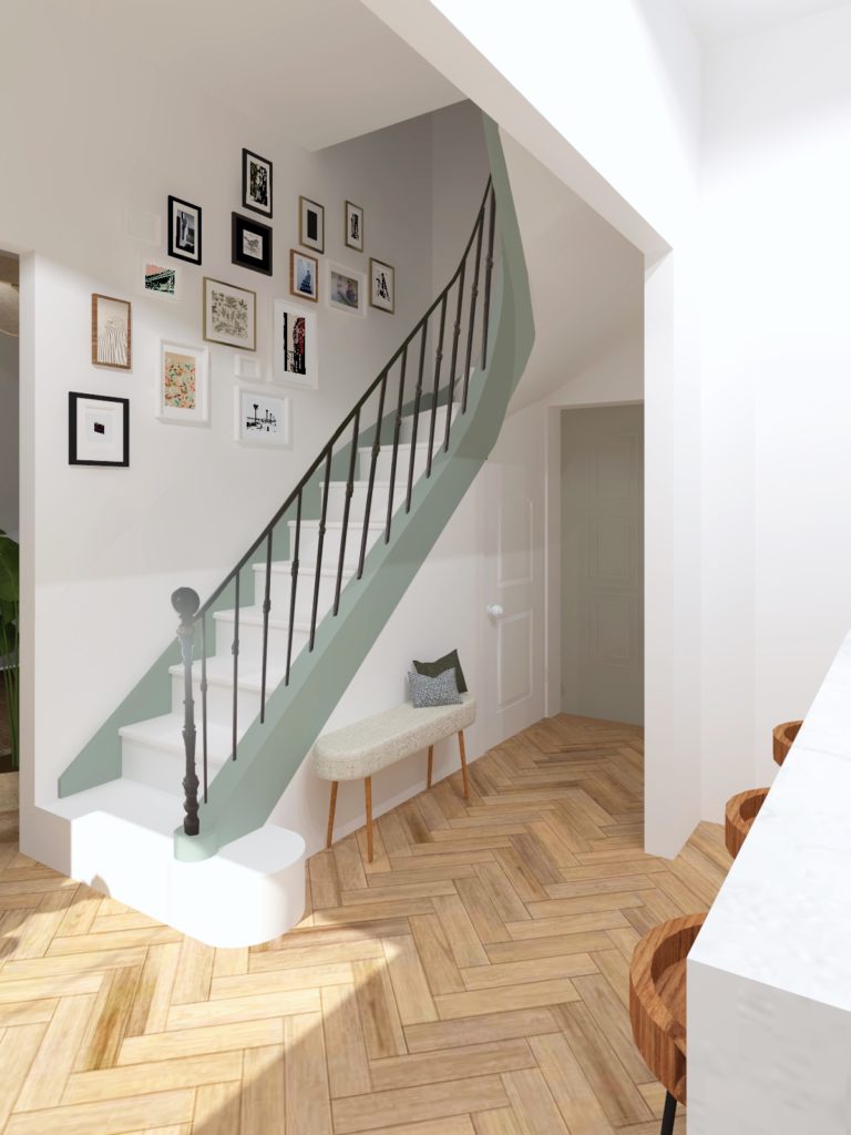 vue 3D d'une entrée avec composition de cadres dans la cage d'escalier